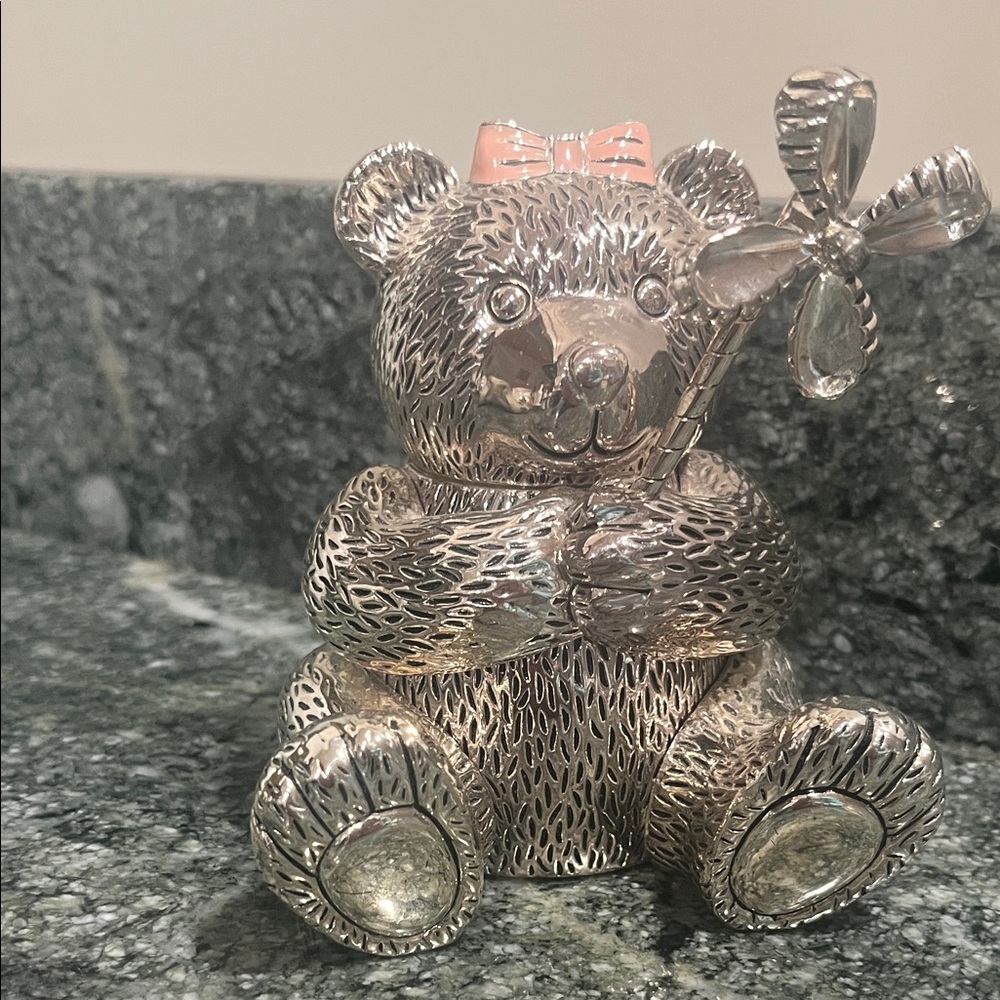 Reed and Barton Silver Teddy Bear bank with Pink Accents